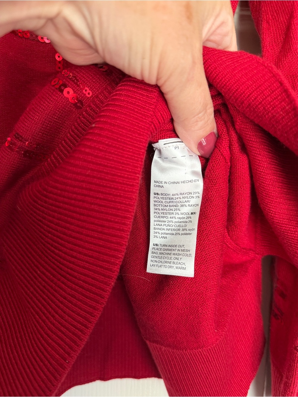 Chico's Red Sequin Plaid Knit Pullover. Chicos 2 (US L) - Picture 5 of 6